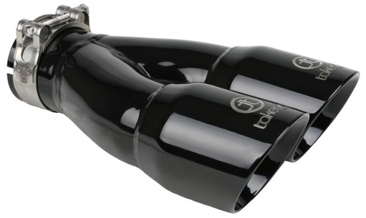 aFe Takeda 2.5in 304 Stainless Steel Clamp-on Exhaust Tip 2.5in Inlet 3in Dual Outlet - Black - Bull Strap