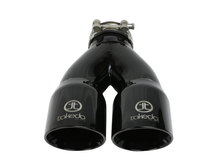 aFe Takeda 2.5in 304 Stainless Steel Clamp-on Exhaust Tip 2.5in Inlet 3in Dual Outlet - Black - Bull Strap