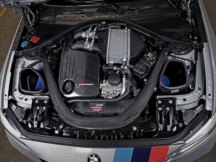 aFe Track Series Stg 2 Carbon Fiber Intake w/Pro 5R Media 15-20 BMW M3/M4(F80/82/83) L6-3.0L(tt) S55 - Bull Strap