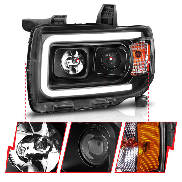 ANZO 2015+ GMC Canyon Projector Headlights w/ Plank Style Design Black w/ Amber - Bull Strap
