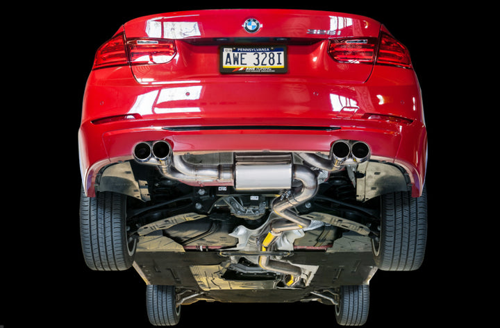 AWE Tuning BMW F3X N20/N26 328i/428i Touring Edition Exhaust Quad Outlet - 80mm Diamond Black Tips - Bull Strap