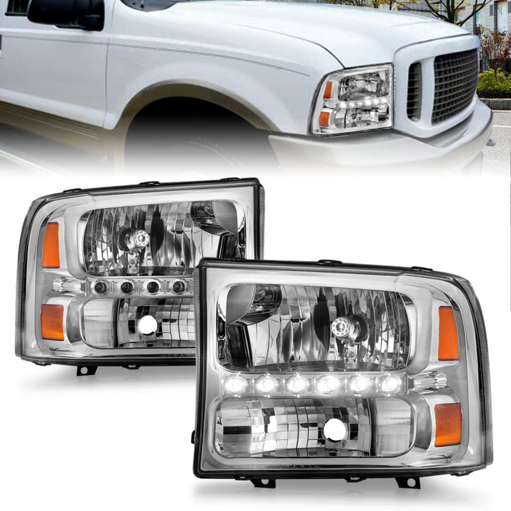 ANZO 2000-2004 Ford Excursion Crystal Headlights Chrome w/ LED 1pc - Bull Strap
