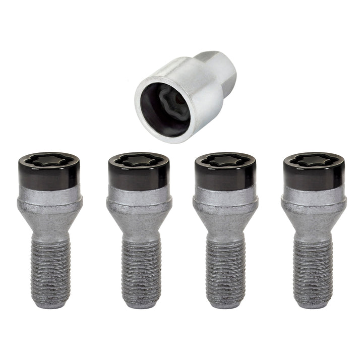 McGard Wheel Lock Bolt Set - 4pk. (Cone Seat) M14X1.25 / 17mm Hex / 27.3mm Shank Length - Black - Bull Strap