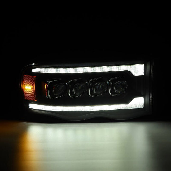 AlphaRex 02-05 Dodge Ram 1500 NOVA LED Proj Headlights Plank Style Blk w/Activ Light/Seq Signal - Bull Strap