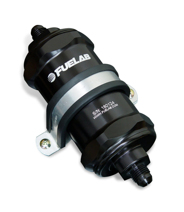 Fuelab 818 In-Line Fuel Filter Standard -8AN In/Out 40 Micron Stainless - Black - Bull Strap
