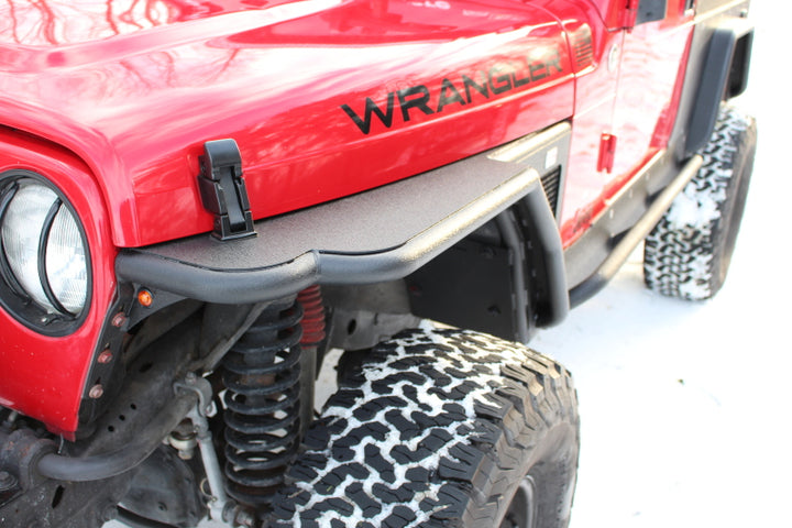 Fishbone Offroad 97-06 Jeep Wrangler TJ Steel Tube Fenders Front 3In Flare - Blk Textured Powdercoat - Bull Strap