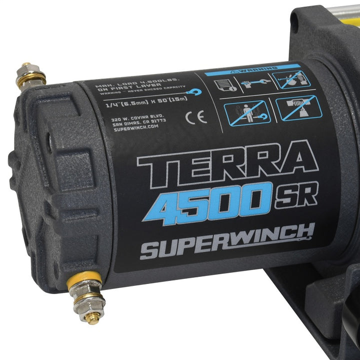 Superwinch 4500 LBS 12V DC 1/4in x 50ft Synthetic Rope Terra 4500SR Winch - Gray Wrinkle - Bull Strap