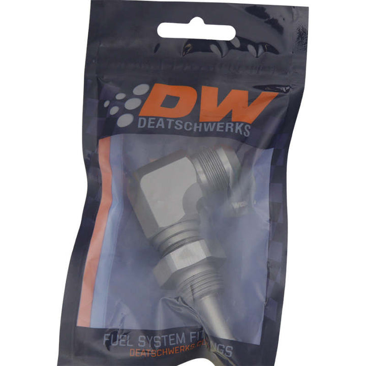 DeatschWerks 8AN Male Flare To 5/16in. Male Barb Bulkhead Adapter 90-Degree (Incl. Nut) - Bull Strap