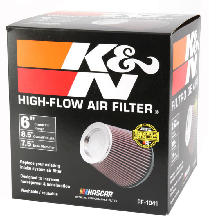 K&N Round Tapered Universal Air Filter 6 inch Flange 7 1/2 inch Base 5 inch Top 7 1/2 inch Height - Bull Strap