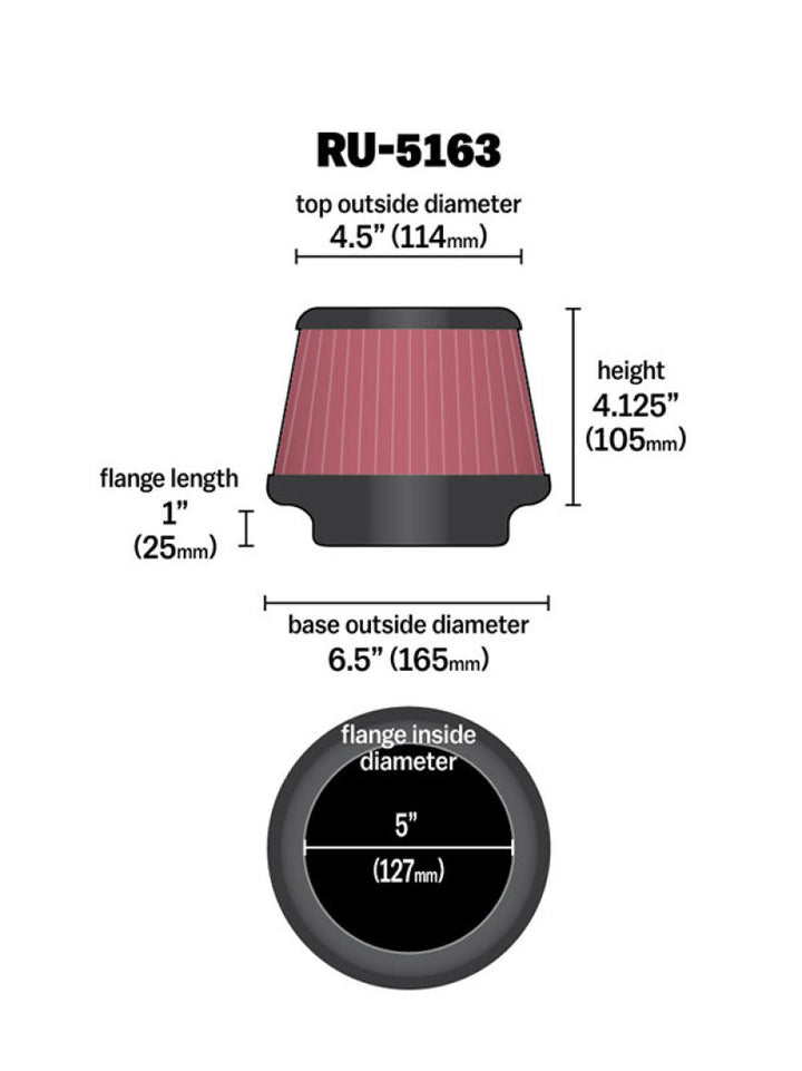 K&N Universal Rubber Filter 5in Flange ID x 6.5in Base OD x 4.5in Top OD x 4.125in Height - Bull Strap