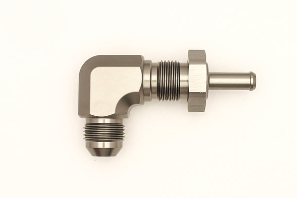 DeatschWerks 8AN Male Flare To 5/16in. Male Barb Bulkhead Adapter 90-Degree (Incl. Nut) - Bull Strap