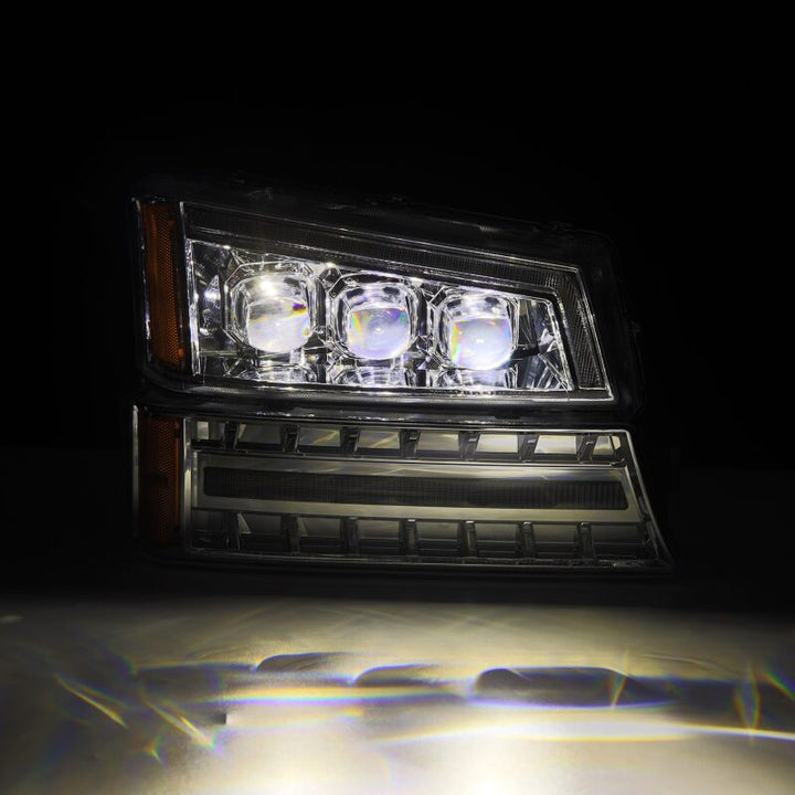 AlphaRex 03-06 Chevy Silverado 1500/2500HD/3500HD/Avalanche Chrome NOVA LED Proj Headlights - Bull Strap