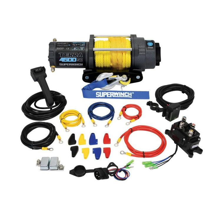 Superwinch 4500 LBS 12V DC 1/4in x 50ft Synthetic Rope Terra 4500SR Winch - Gray Wrinkle - Bull Strap