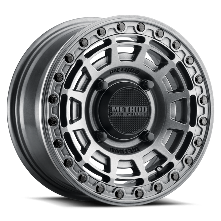 Method MR415 Beadlock 15x7 / 5+2/38mm Offset / 5x4.5 / 76 CB Graphite Wheel - Gloss Graphite Ring - Bull Strap