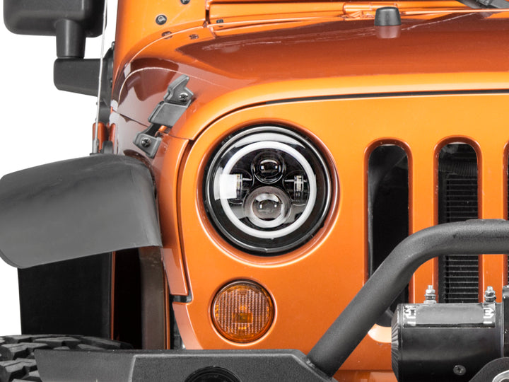 Raxiom 97-18 Jeep Wrangler TJ/JK Axial Halo Headlights w/ DRL Amber Signals- Blk Hsng (Clear Lens) - Bull Strap