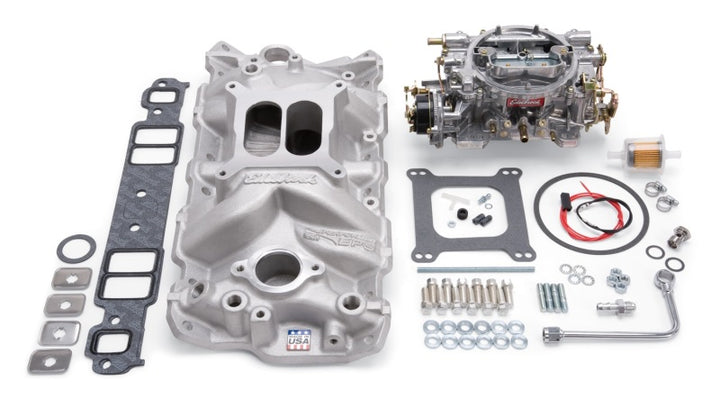 Edelbrock Manifold And Carb Kit Performer Eps Small Block Chevrolet 1957-1986 Natural Finish - Bull Strap