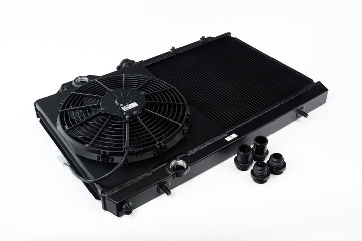 CSF 96-07 Mitsubishi Evo 4/5/6/7/8/9 Full-Slim Radiator w/12in Fan & Shroud/-16AN - Black - Bull Strap