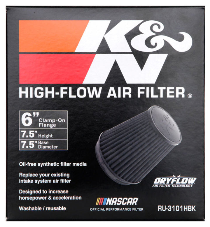 K&N Universal Rubber Filter Round Tapered 6in Flange ID x 7.5in Base OD x 5.25in Top OD x 8in Height - Bull Strap