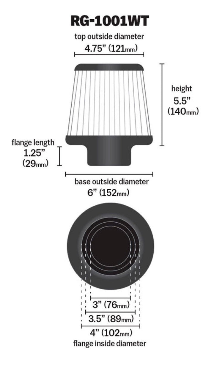 K&N Universal Filter Chrome Round Tapered White - 4in Flange ID x 1.125in Flange Length x 5.5in H - Bull Strap