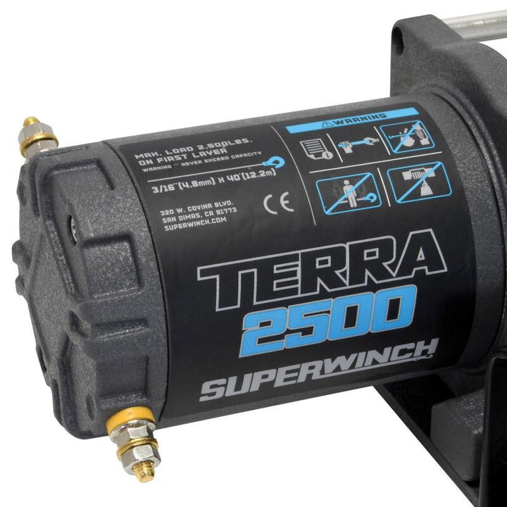 Superwinch 2500 LBS 12V DC 3/16in x 40ft Steel Rope Terra 2500 Winch - Gray Wrinkle - Bull Strap