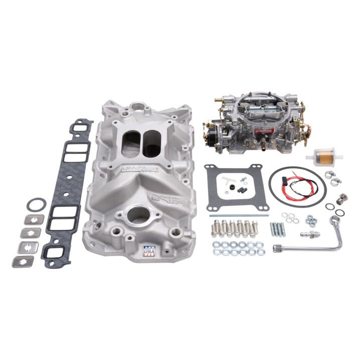 Edelbrock Manifold And Carb Kit Performer Eps Small Block Chevrolet 1957-1986 Natural Finish - Bull Strap