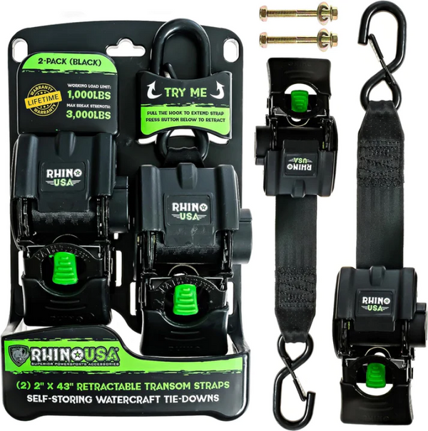 Rhino USA Retractable Transom Straps (2 Pack-Black) - Bull Strap