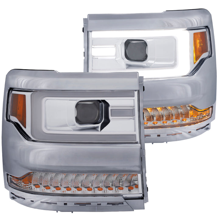 ANZO 16-17 Chevy Silverado 1500 Projector Headlights Plank Style Design Chrome w/ Amber - Bull Strap