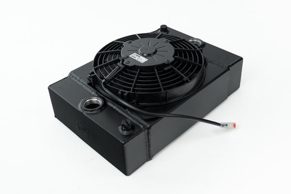 CSF Universal Drag Race / Tuck Radiator w/9in Spal Fan - 10.5in H x 10in L x 3.6in W - Black - Bull Strap