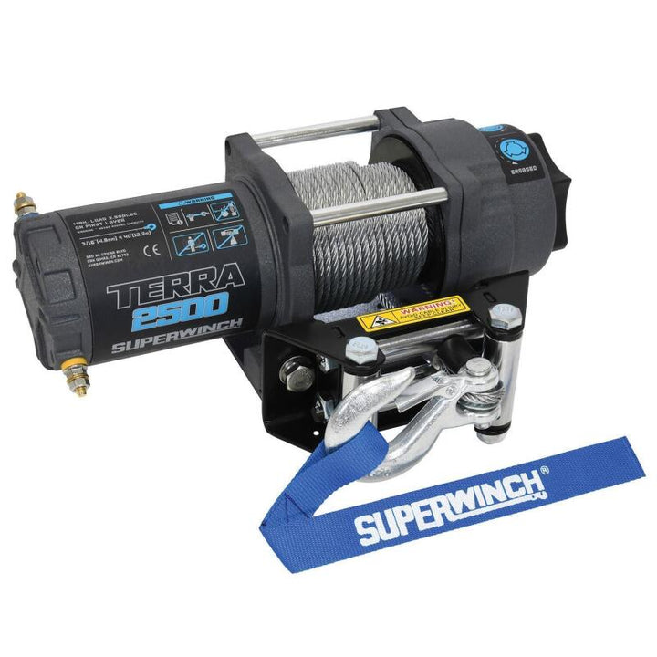 Superwinch 2500 LBS 12V DC 3/16in x 40ft Steel Rope Terra 2500 Winch - Gray Wrinkle - Bull Strap