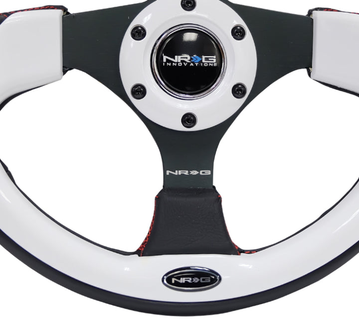 NRG Reinforced Steering Wheel (320mm) Blk w/White Trim & 4mm 3-Spoke - Bull Strap