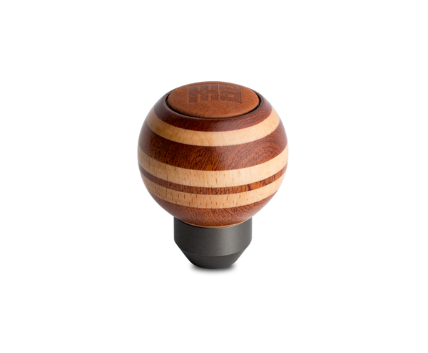 Momo Targa Heritage Shift Knob - Round Wood, Layered Mahogany and Beechwood, Leather Insert Top - Bull Strap