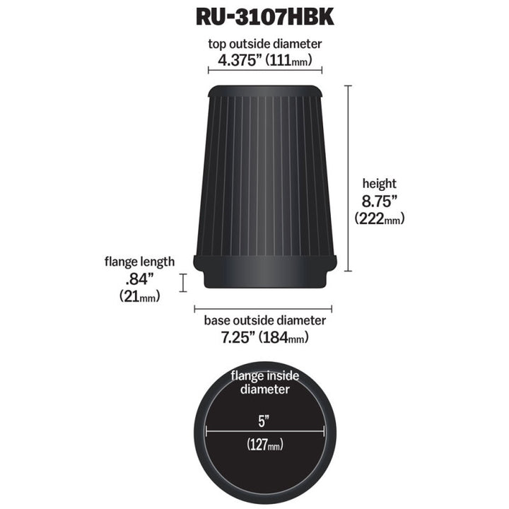 K&N Universal Air Filter (5in Flange / 6-1/2in Base / 4-3/8in Top OD / 8-3/4in Height) - Bull Strap