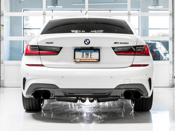 AWE Tuning 2019+ BMW M340i (G20) Non-Resonated Touring Edition Exhaust - Quad Diamond Black Tips - Bull Strap