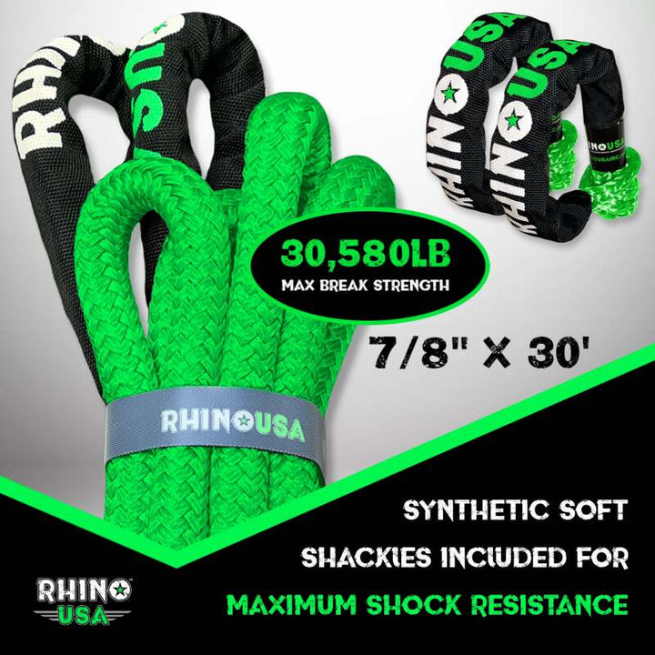 Rhino USA 7/8In X 30Ft Kinetic Rope Recovery Kit W/Soft Shackles (Green) - Bull Strap