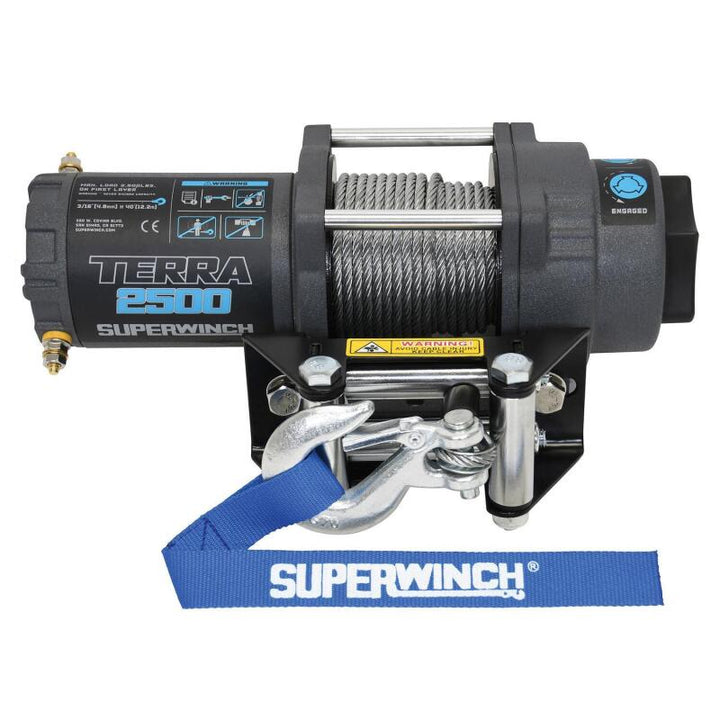 Superwinch 2500 LBS 12V DC 3/16in x 40ft Steel Rope Terra 2500 Winch - Gray Wrinkle - Bull Strap