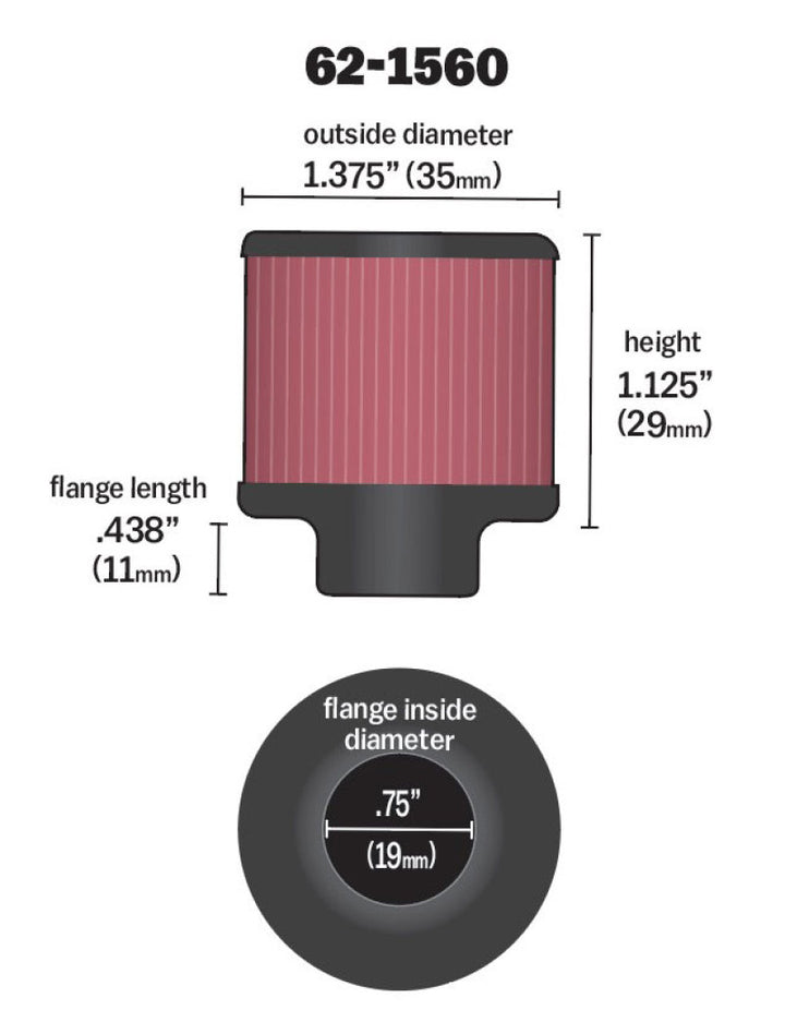 K&N 0.75 inch ID 1.375 inch OD 1.125 inch H Clamp On Crankcase Vent Filter - Bull Strap