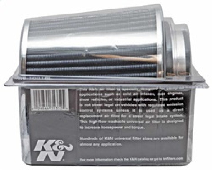 K&N Universal Filter Chrome Round Tapered White - 4in Flange ID x 1.125in Flange Length x 5.5in H - Bull Strap