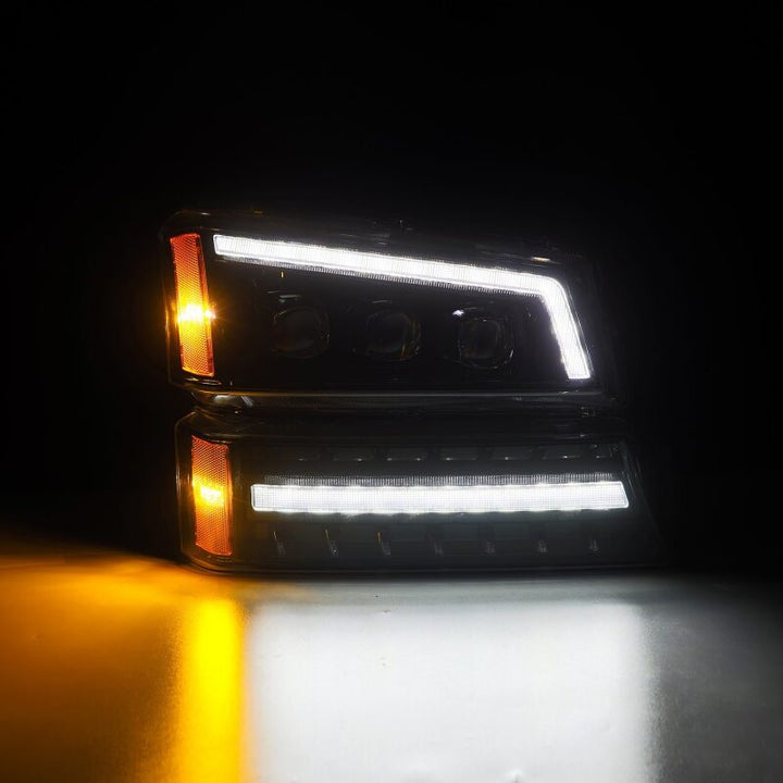AlphaRex 03-06 Chevy Silverado 1500/2500HD/3500HD/Avalanche Alpha-Black NOVA LED Proj Headlights - Bull Strap