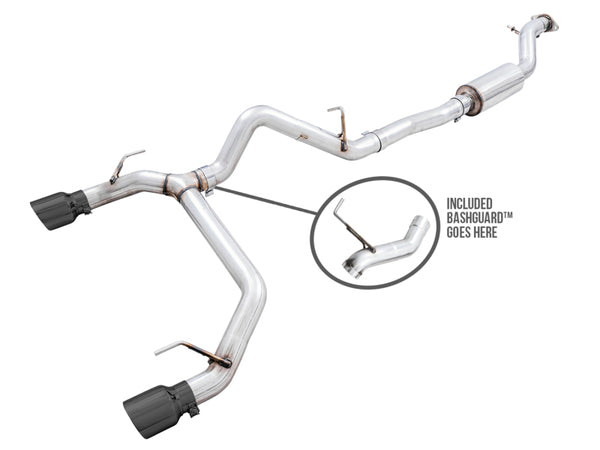 AWE Tuning 2021+ Ford Bronco 0FG Dual Rear Exit Exhaust w/Diamond Black Tips & Bash Guard - Bull Strap