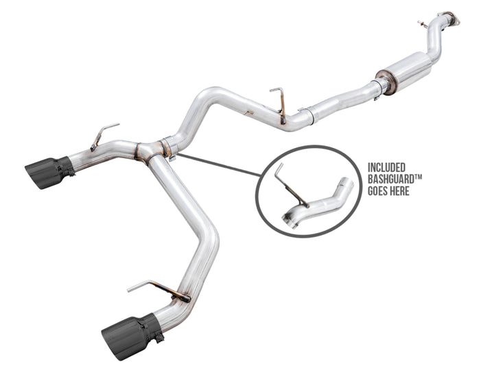 AWE Tuning 2021+ Ford Bronco 0FG Dual Rear Exit Exhaust w/Diamond Black Tips & Bash Guard - Bull Strap