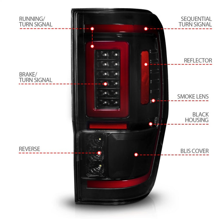 ANZO 19-22 Ford Ranger Full LED Taillights w/ Lightbar Sequential Signal Black Housing/Smoke Lens - Bull Strap