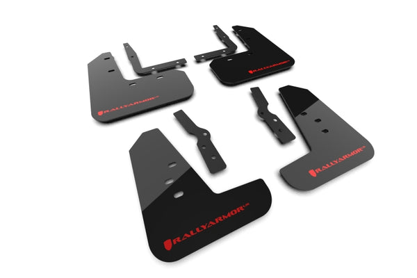 Rally Armor 2024+ Ford Mustang Black UR Mud Flap w/ Red Logo - Bull Strap