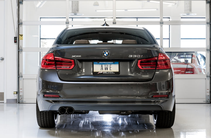 AWE Tuning BMW F3X 28i / 30i Touring Edition Axle-Back Exhaust Single Side - 80mm Silver Tips - Bull Strap
