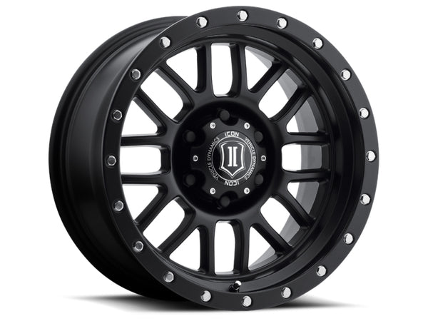 ICON Alpha 17x8.5 6x5.5 0mm Offset 4.75in BS 106.1mm Bore Satin Black Wheel - Bull Strap