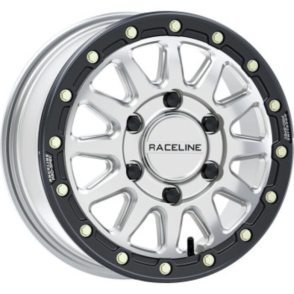 Raceline A14BG Alpha 15x6.5in/6x139.7 BP/74mm Offset/78.1mm Bore - Silver & Blk Ring Beadlock Wheel - Bull Strap