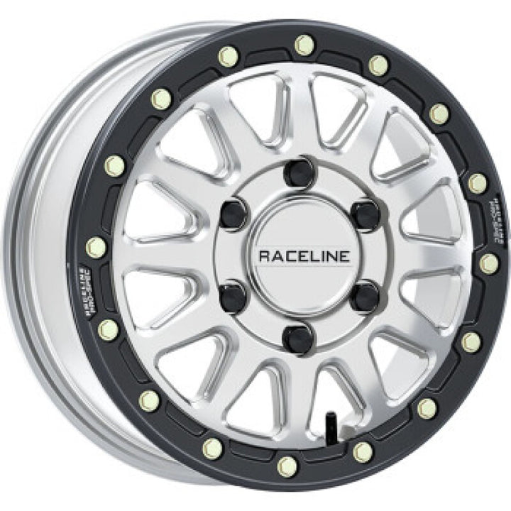Raceline A14BG Alpha 15x6.5in/6x139.7 BP/74mm Offset/78.1mm Bore - Silver & Blk Ring Beadlock Wheel - Bull Strap