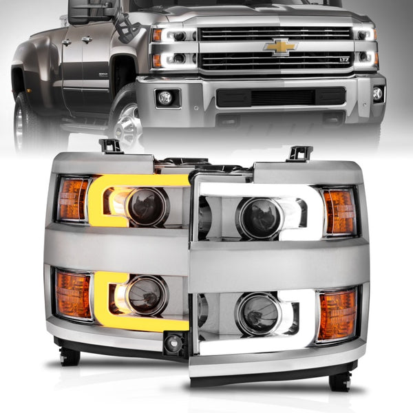 ANZO Projector Headlights 15-17 Chevrolet Silverado 2500HD / 3500HD Chrome w/ Chrome Rim - Bull Strap