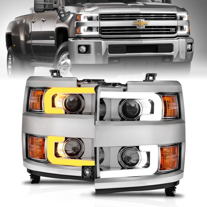 ANZO Projector Headlights 15-17 Chevrolet Silverado 2500HD / 3500HD Chrome w/ Chrome Rim - Bull Strap