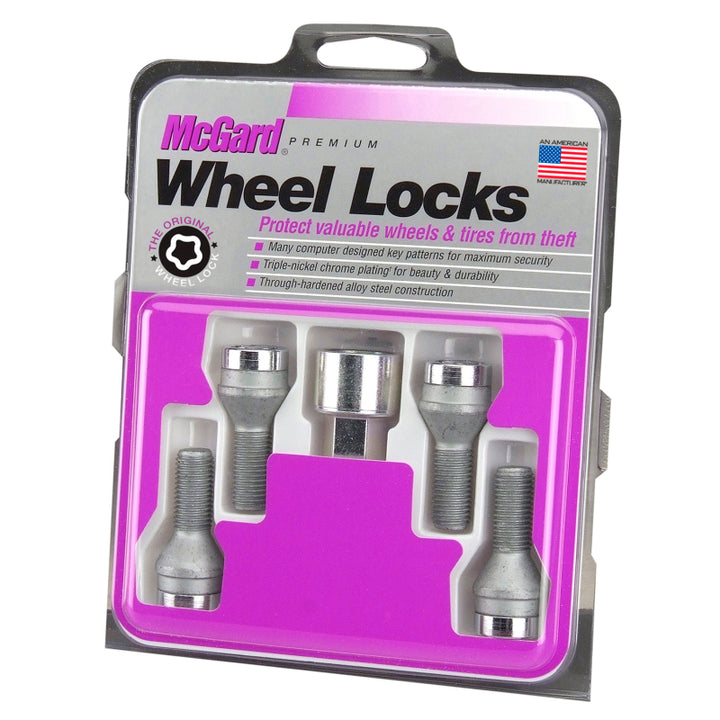 McGard Wheel Lock Bolt Set - 4pk. (Cone Seat) M14X1.25 / 17mm Hex / 27.3mm Shank Length - Chrome - Bull Strap