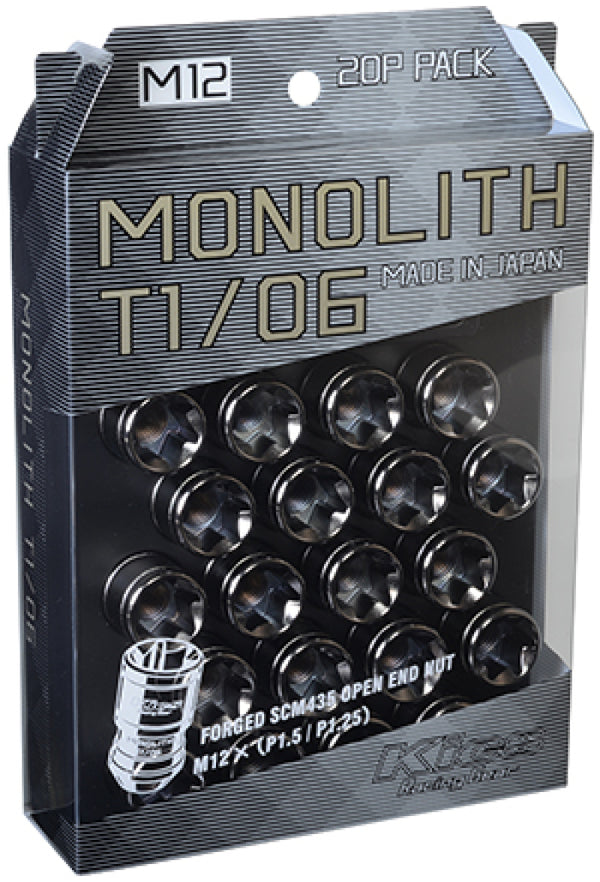 Project Kics 12 x 1.5 Glorious Black T1/06 Monolith Lug Nuts - 20 Pcs - Bull Strap